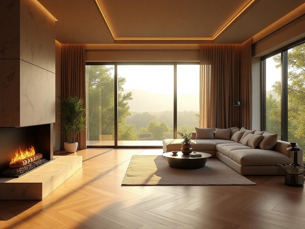 Salotto di lusso con pavimenti in parquet e pareti in pietra naturale