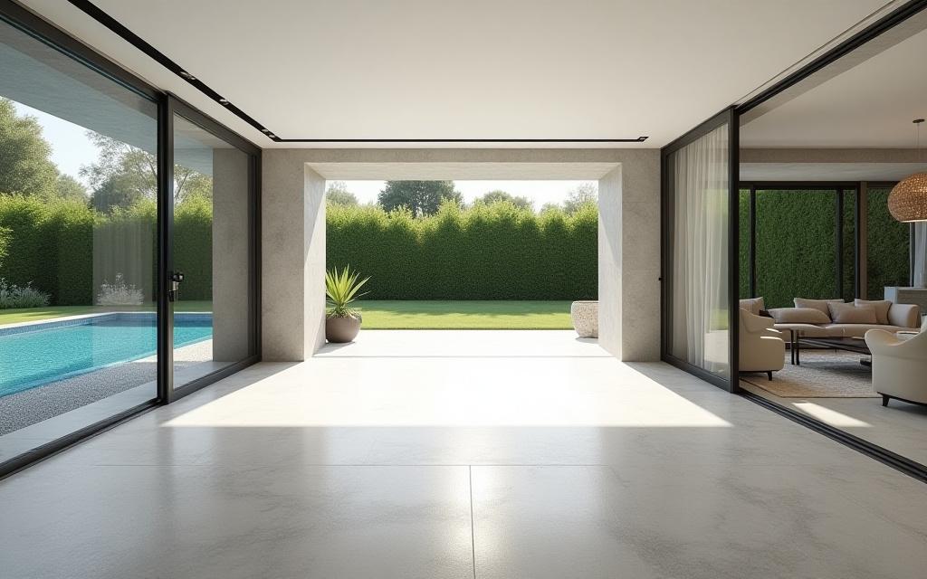 Zona giorno di una villa moderna con pavimento continuo e vista sul giardino